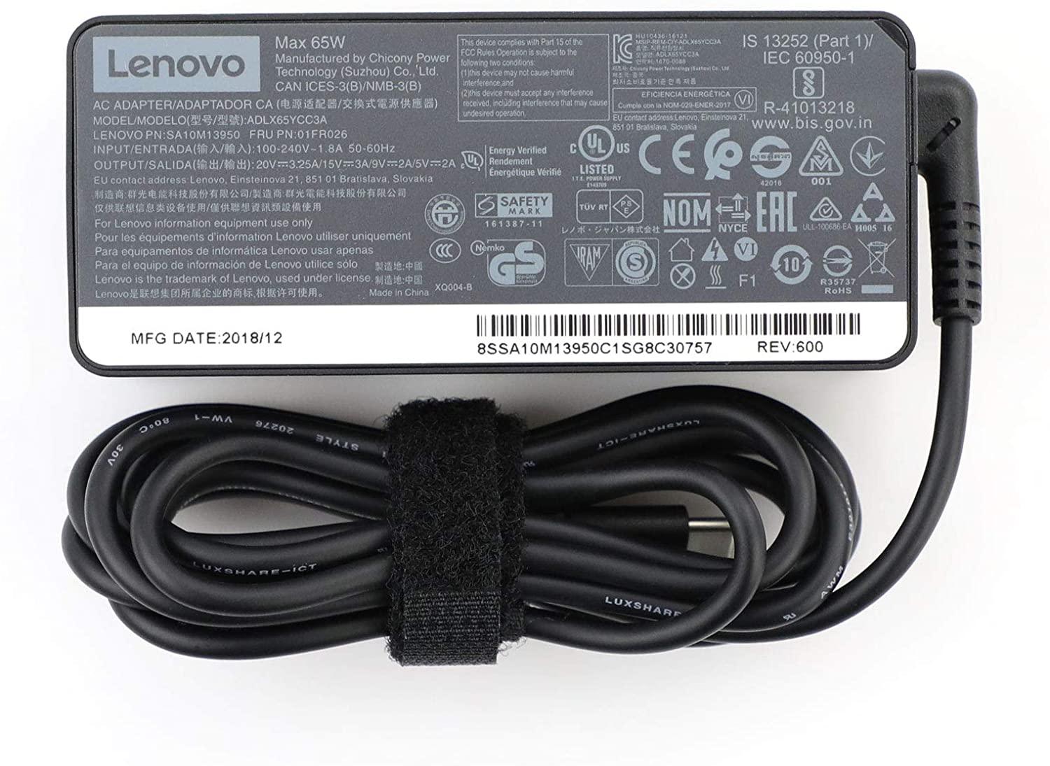 Compatible 20V 3.25A 65W USB Type C Ac Power Adapter Charger for Lenovo Thinkpad X1 Carbon Yoga 5 X270 X280 T580 P51s P52s E480 E470 Laptop