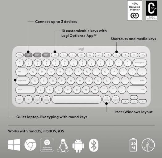 Logitech Pebble Keys 2 K380s Keyboard, Bluetooth 5.1 Connectivity, Up to 3 Multi-Device Pairing, Customizable Fn Shortcut Keys, 2x AAA Battery, English Layout, On / Off Button, White - Image 2