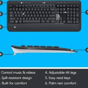 Logitech MK540 Wireless Keyboard and Mouse Combo for Windows, 2.4 GHz Wireless with Unifying USB-Receiver, Wireless Mouse, English Keyboard, Multimedia Hot Keys, 3-Year Battery Life, PC/Laptop - Black